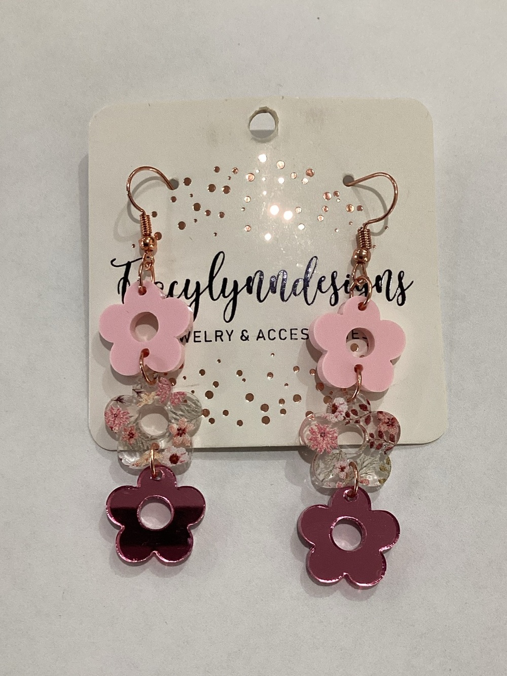Pink Floral Layered Flower‎ Dangle Earrings